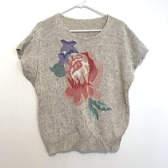 VINTAGE KORET Cream Beige Floral Short Dolman Sleeve Linen Cotton Sweater PETITE - Picture 1 of 11